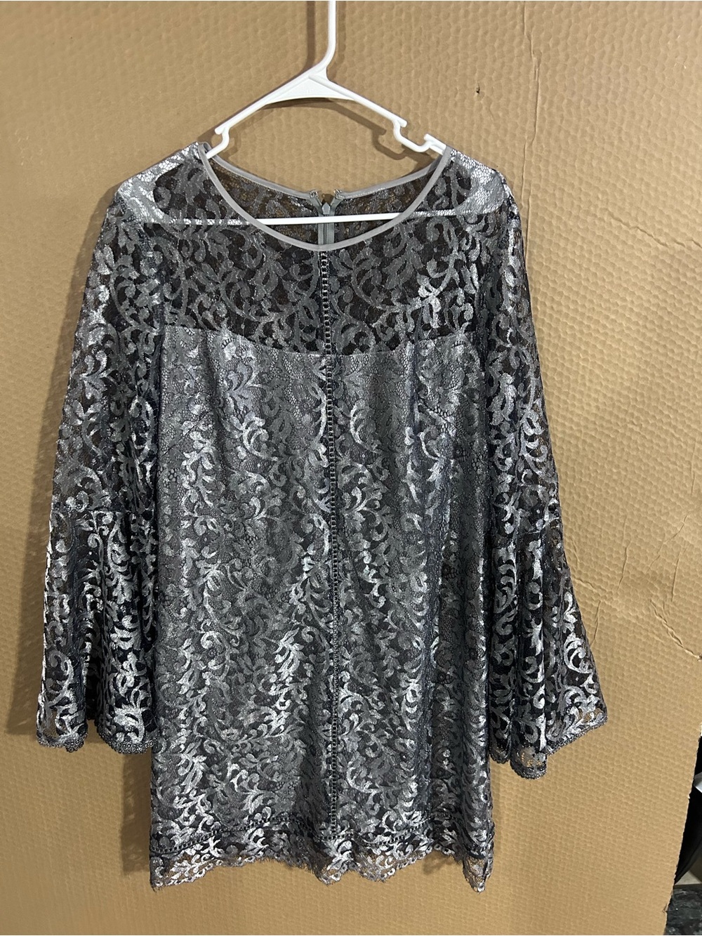 White House Black Market Silver Lace Long-Sleeve Tunic Dress